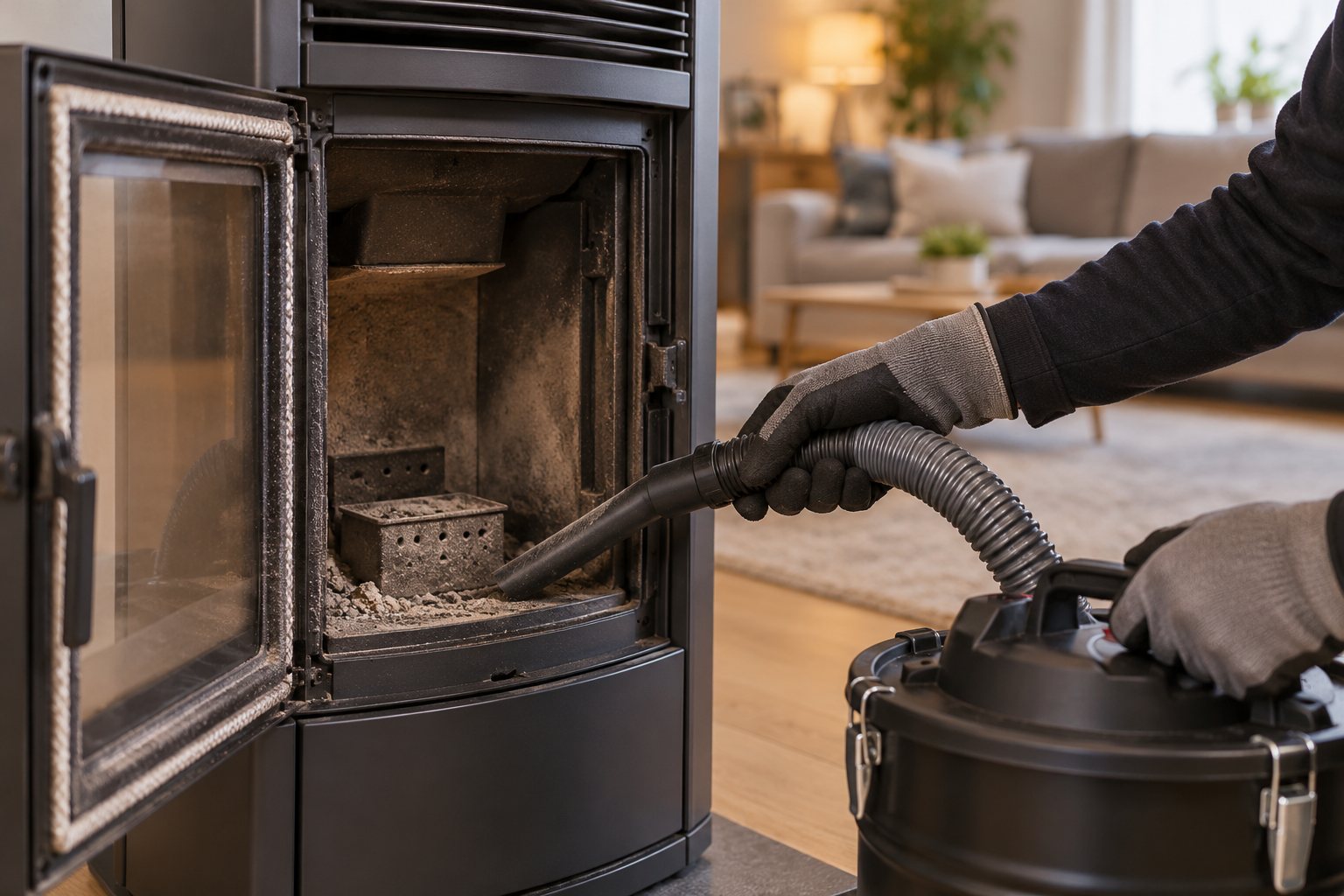 Entretien d'un poêle à granulés : nettoyage du creuset avec un aspirateur à cendres