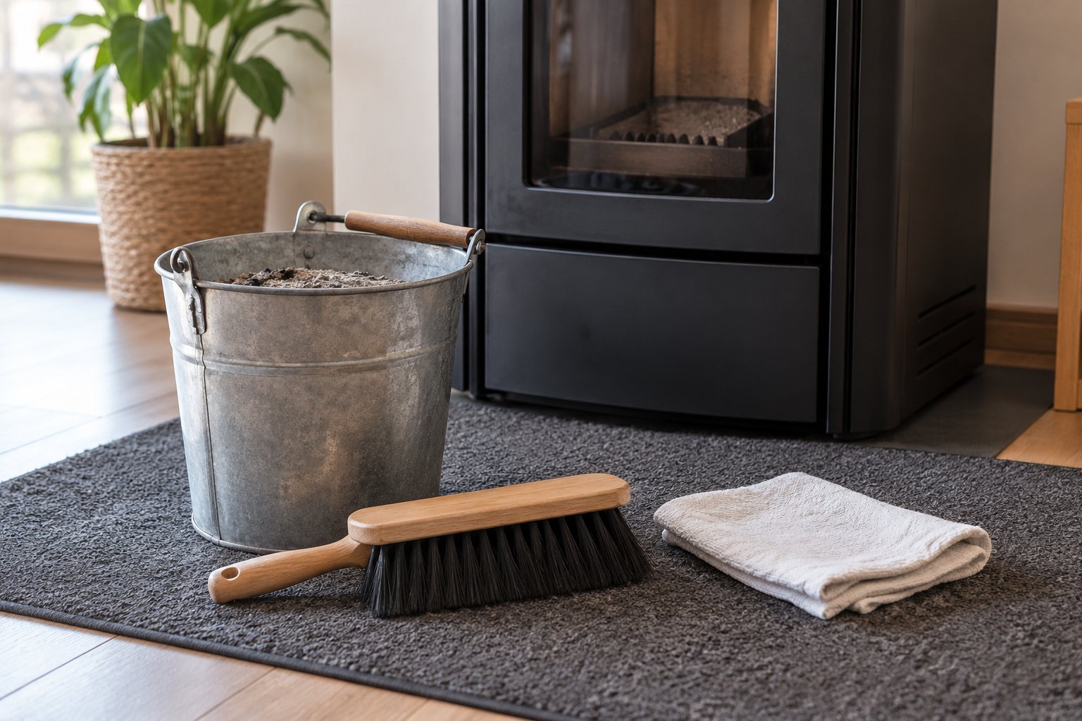 Outils d'entretien d'un poêle à granulés : brosse, seau à cendres et chiffon près du poêle