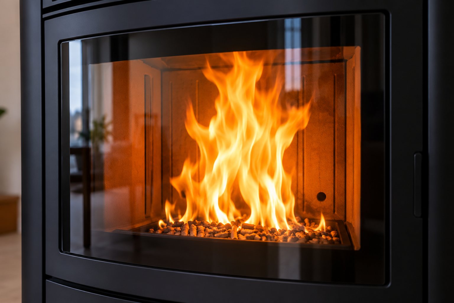 Vitre de poêle à granulés propre : flamme vive derrière une vitre bien nettoyée