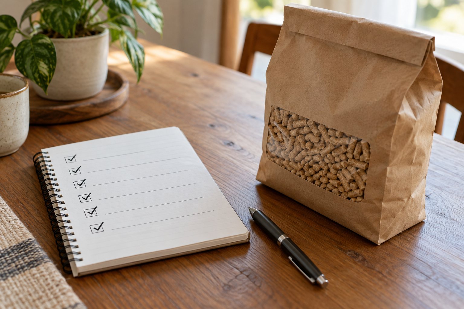 Checklist avant d'acheter un poêle à granulés : carnet à spirale avec liste cochée près d'un sac de granulés
