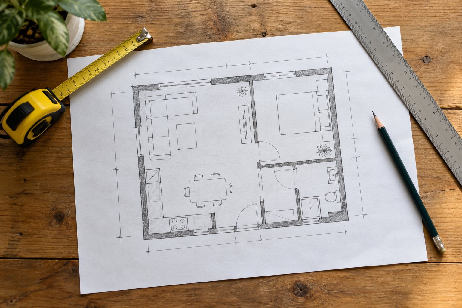 Préparer l'installation d'un poêle à granulés : plan de la pièce, crayon et mètre ruban sur une table