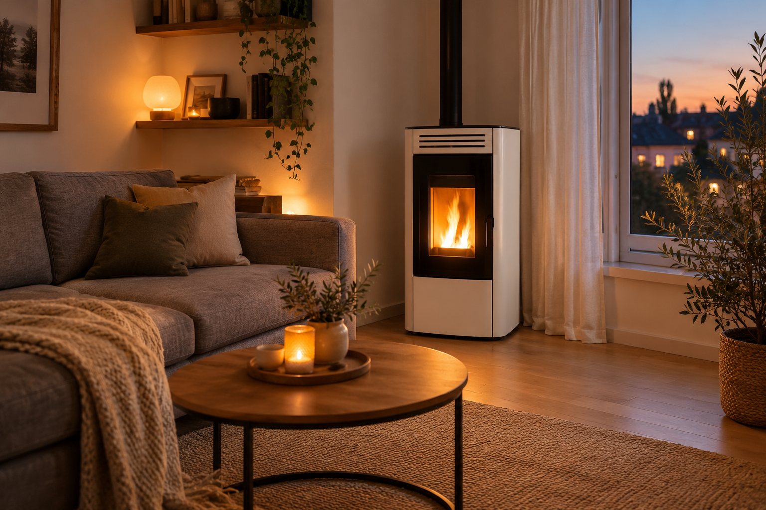 Mini poêle à granulés pour un petit appartement : poêle compact blanc près d'une fenêtre