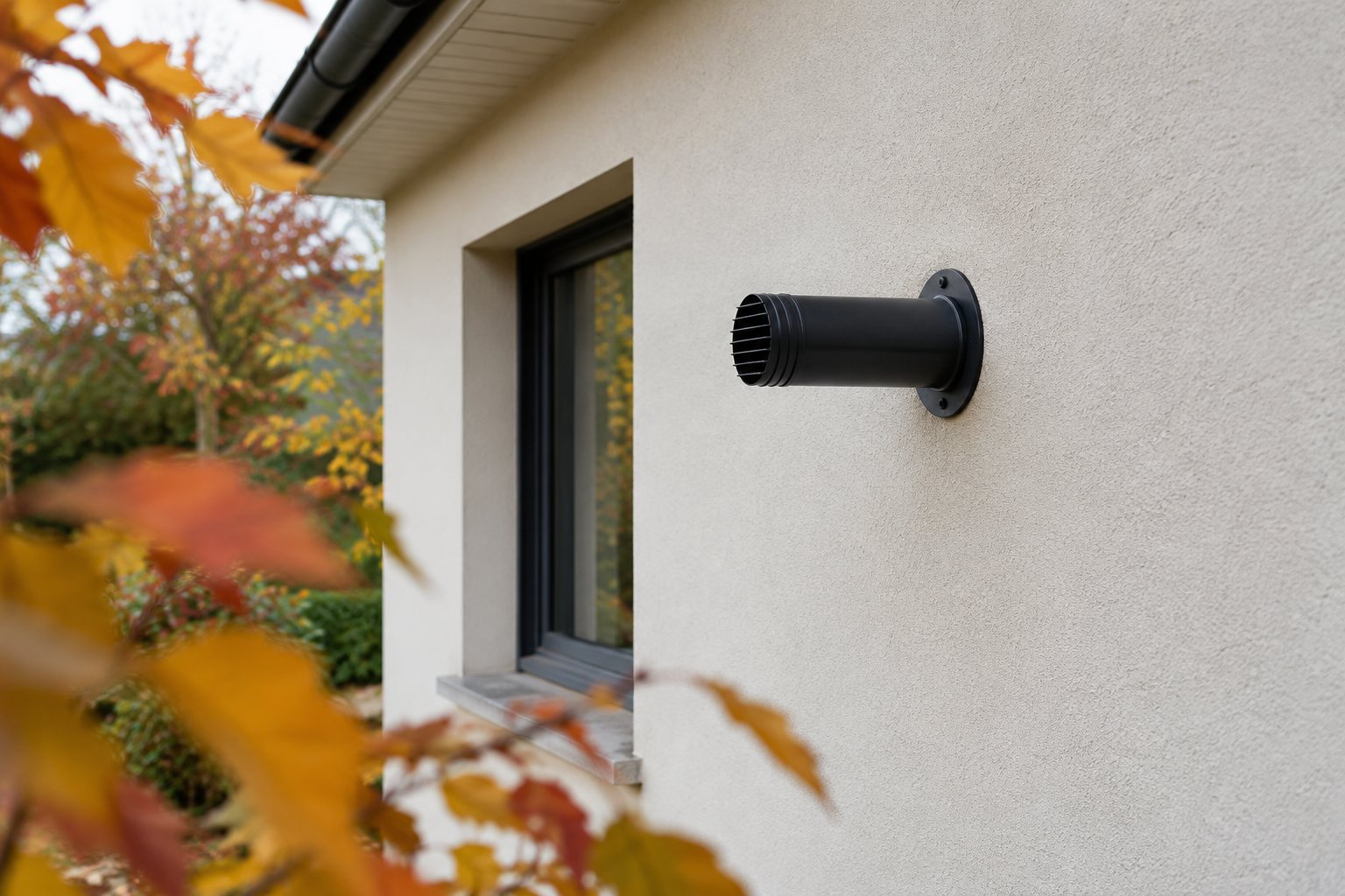 Poêle à granulés à ventouse : sortie horizontale en façade d'une maison en enduit clair