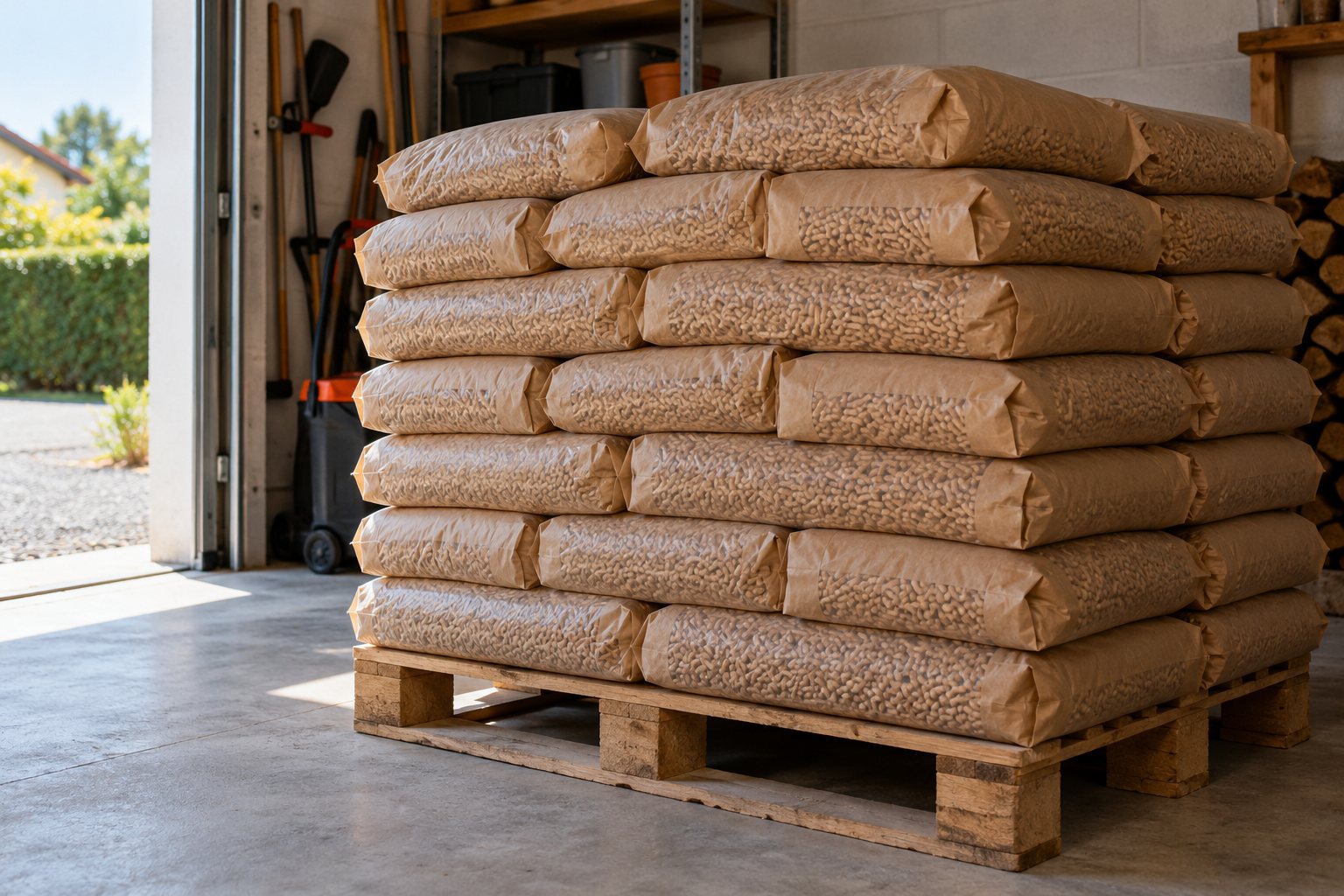 Prix des granulés de bois : palette de sacs de granulés empilés dans un garage