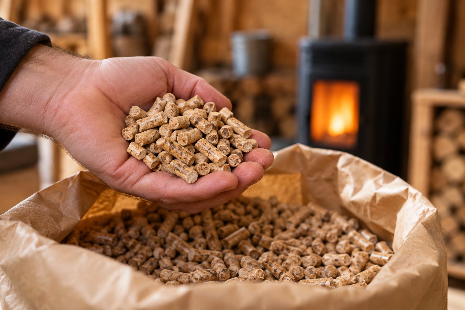 Comparer deux prix de granulés de bois : poignée de pellets tenue au-dessus d'un sac ouvert