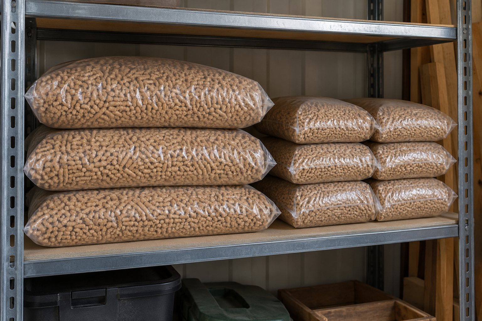 Granulés de bois pas cher : sacs de granulés de deux qualités rangés sur une étagère
