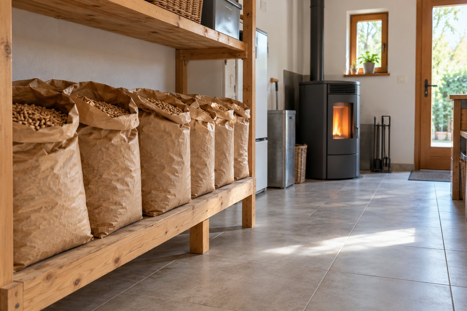 Stocker des granulés de bois : sacs sur une étagère surélevée dans une buanderie