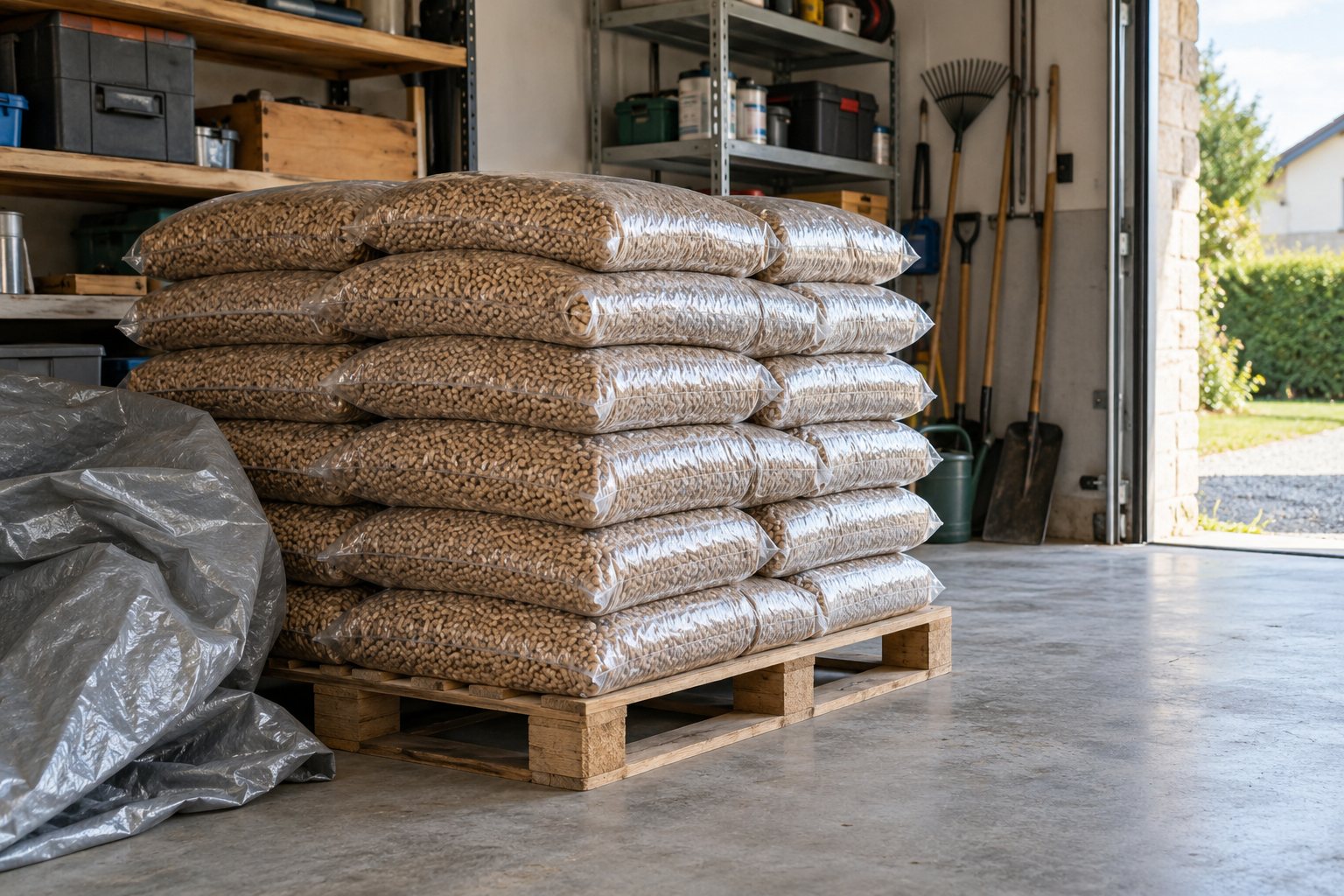 Stocker des granulés de bois : sacs empilés sur une palette dans un garage sec
